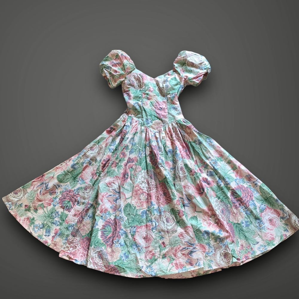 v i n t a g e : Floral Victorian Cottagecore Pastel Puff Sleeve Basque Dress - Picture 9 of 16